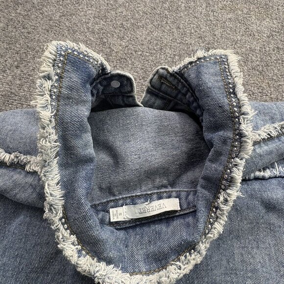 VTG Veveret Shirt Shaket Womens S Blue Demin Frayed Edges‎ Silver Studded Y2K - Picture 3 of 16